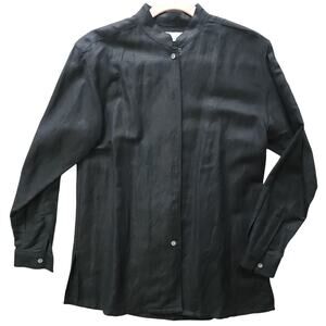 Lord & Taylor Top Womens 4P Linen Black Button-Up Mandarin Collar Classic